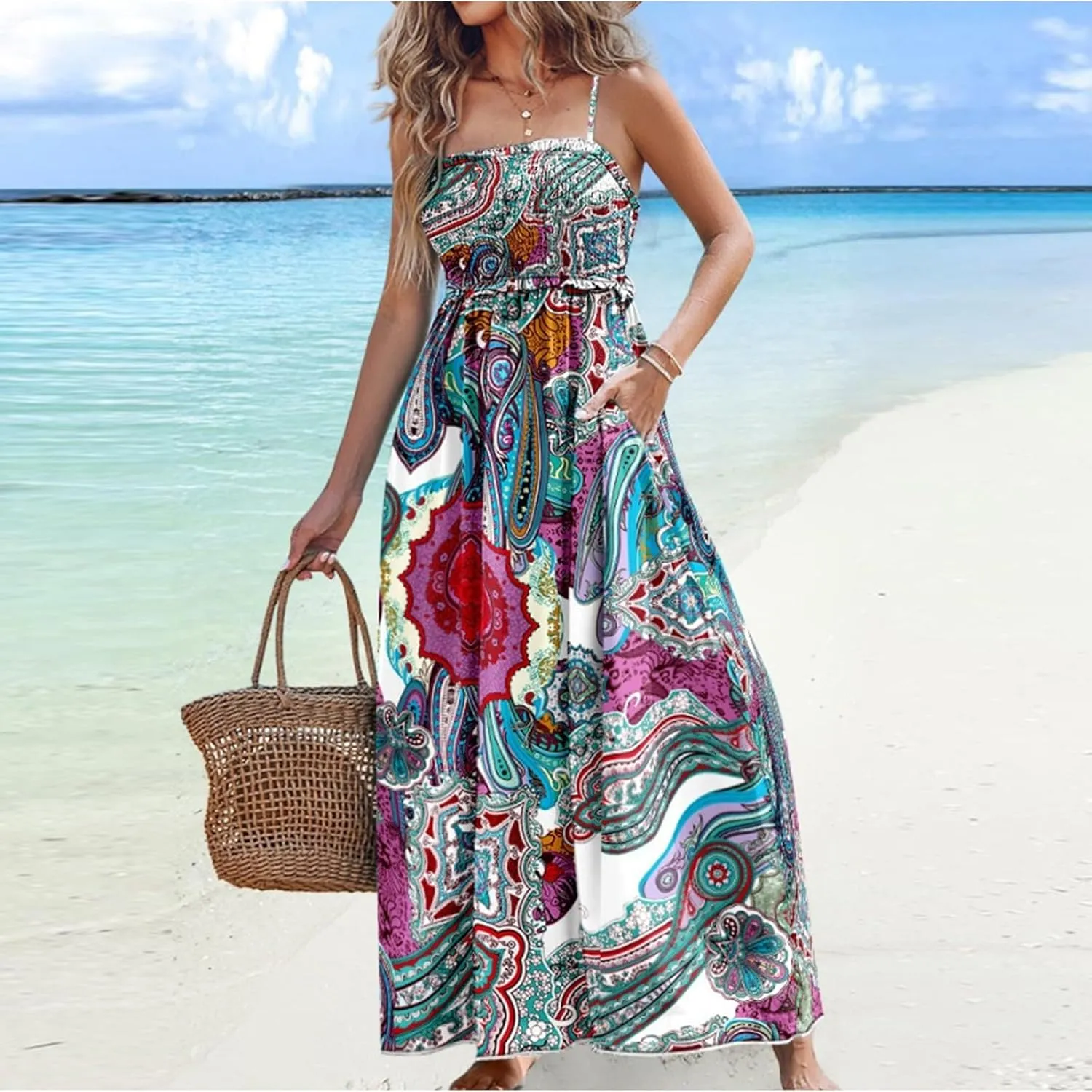 Womens Boho Dresses 2025 Casual Sleeveless Summer Spaghetti Strap Slip Dress Long Floral Dresses Flowy Bohemian Dress