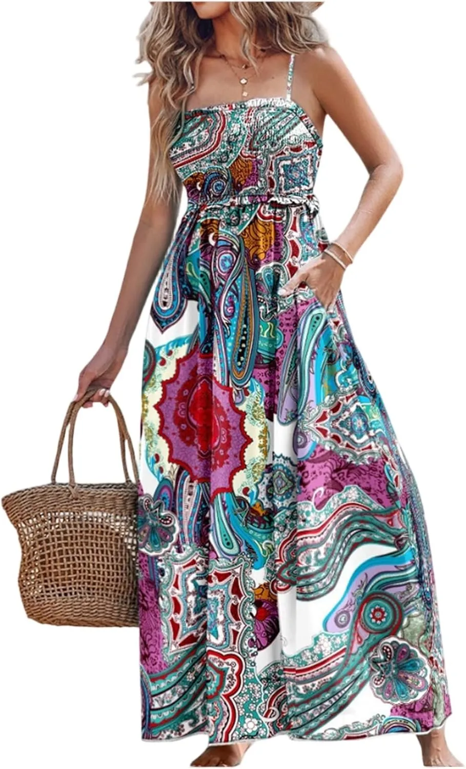 Womens Boho Dresses 2025 Casual Sleeveless Summer Spaghetti Strap Slip Dress Long Floral Dresses Flowy Bohemian Dress