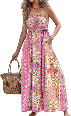 Womens Boho Dresses 2025 Casual Sleeveless Summer Spaghetti Strap Slip Dress Long Floral Dresses Flowy Bohemian Dress