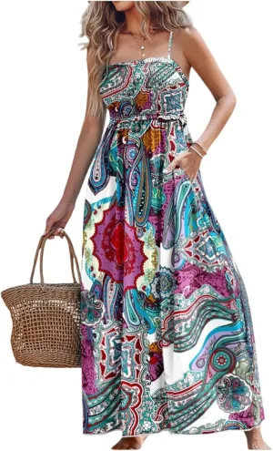 Womens Boho Dresses 2025 Casual Sleeveless Summer Spaghetti Strap Slip Dress Long Floral Dresses Flowy Bohemian Dress