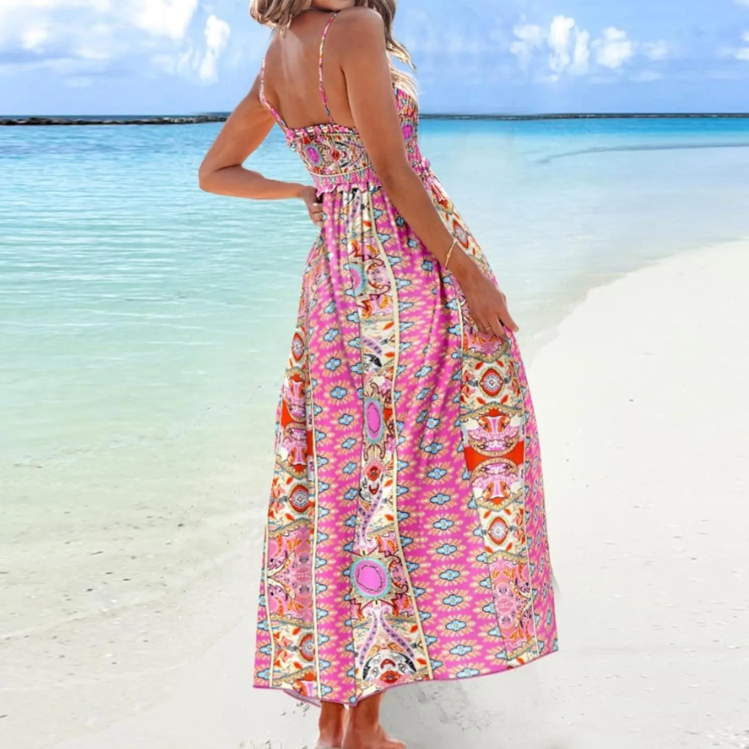 Womens Boho Dresses 2025 Casual Sleeveless Summer Spaghetti Strap Slip Dress Long Floral Dresses Flowy Bohemian Dress