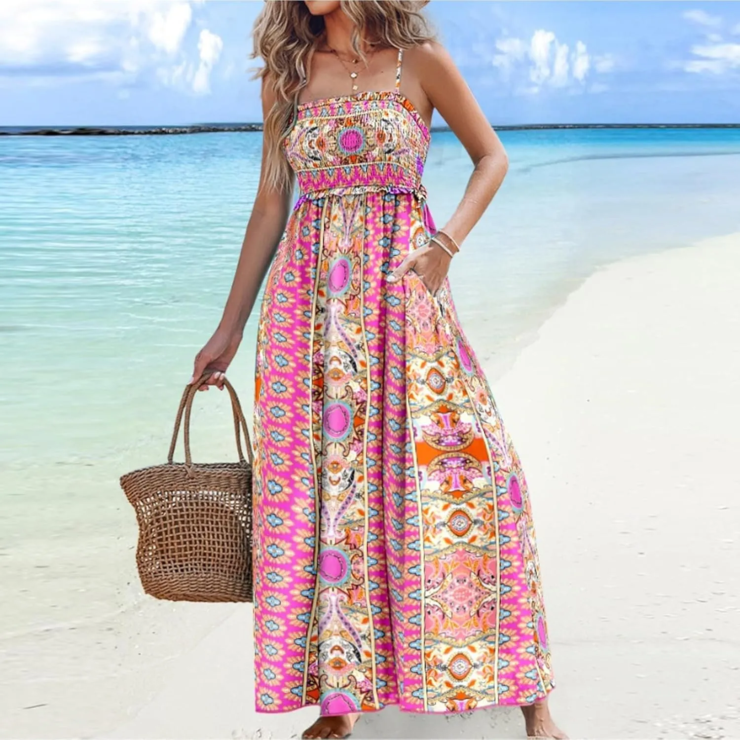 Womens Boho Dresses 2025 Casual Sleeveless Summer Spaghetti Strap Slip Dress Long Floral Dresses Flowy Bohemian Dress