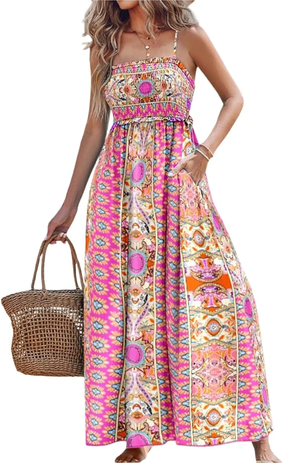 Womens Boho Dresses 2025 Casual Sleeveless Summer Spaghetti Strap Slip Dress Long Floral Dresses Flowy Bohemian Dress