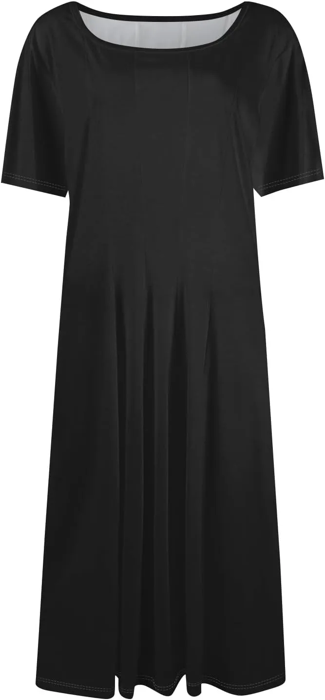 Women's Boho Floral Short Sleeve T Shirt Dress 2025 Summer Casual Loose Swing Tshirt Midi Dresses with Pockets
