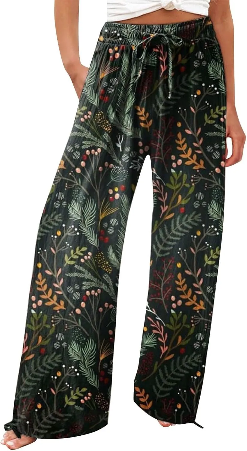 Women's Boho Wide Leg Palazzo Pants Womens Cotton Casual Loose Pants Comfy Work Pants with Long Casual Wide Leg