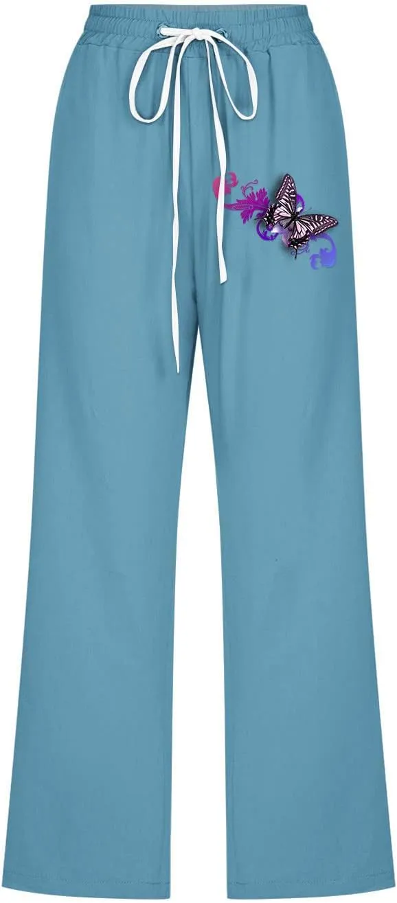 Womens Butterfly Print Capris Pants Drawstring Elastic Waist Cotton Linen Crop Trouser Straight Leg Pant with Pockets