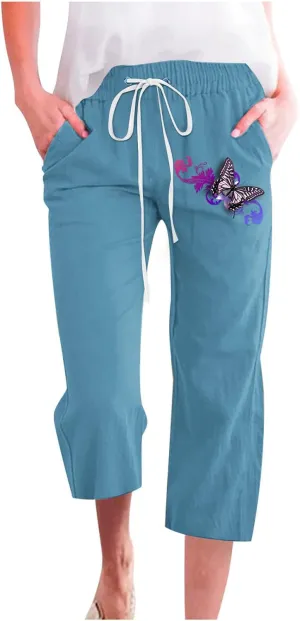 Womens Butterfly Print Capris Pants Drawstring Elastic Waist Cotton Linen Crop Trouser Straight Leg Pant with Pockets