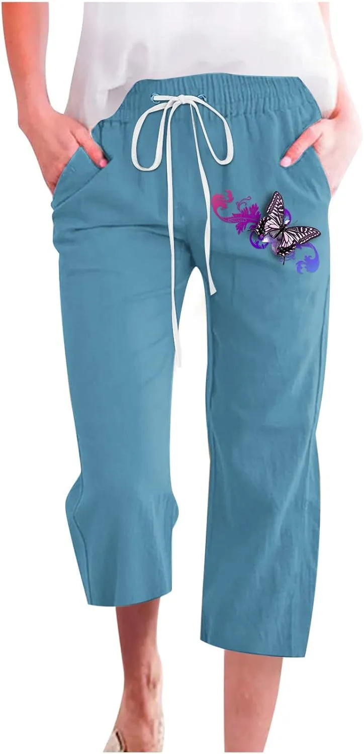 Womens Butterfly Print Capris Pants Drawstring Elastic Waist Cotton Linen Crop Trouser Straight Leg Pant with Pockets