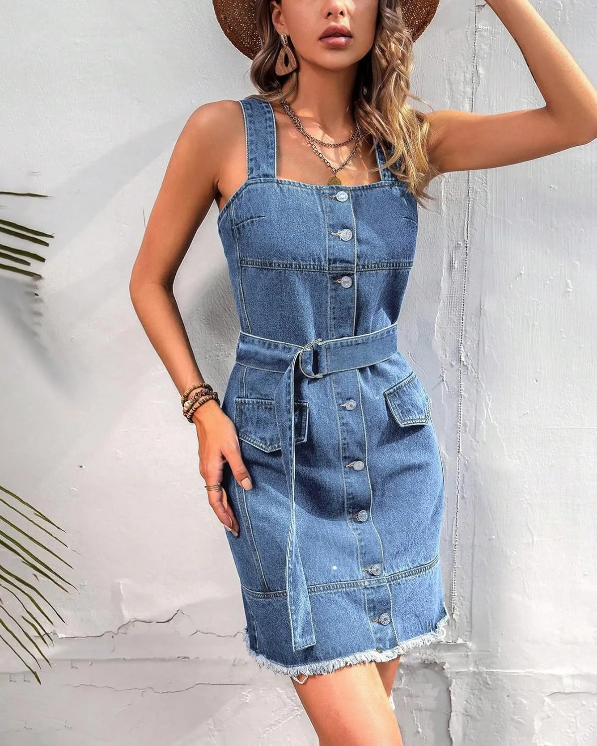 Women's Button Front Denim Strap Dress Sleeveless A Line Overall Jean Midi Dress with Belt