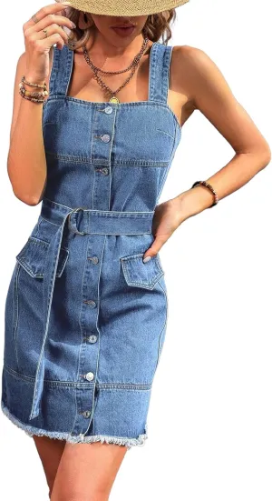 Women's Button Front Denim Strap Dress Sleeveless A Line Overall Jean Midi Dress with Belt