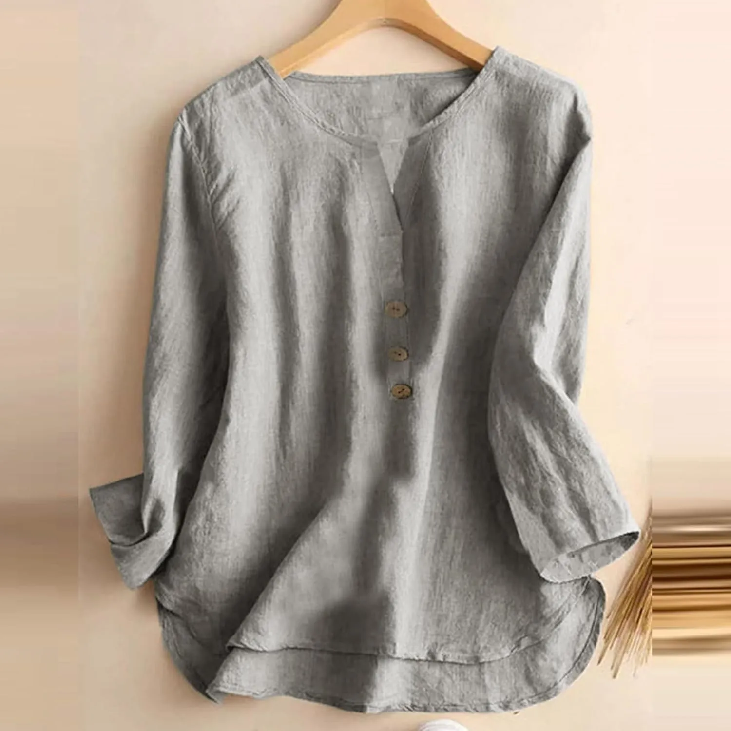 Women's Button Shirts Linen Roll up Sleeve V-Neck Trendy Shirt Casual Loose Fit Business Work Blouses Tops