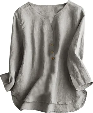 Women's Button Shirts Linen Roll up Sleeve V-Neck Trendy Shirt Casual Loose Fit Business Work Blouses Tops