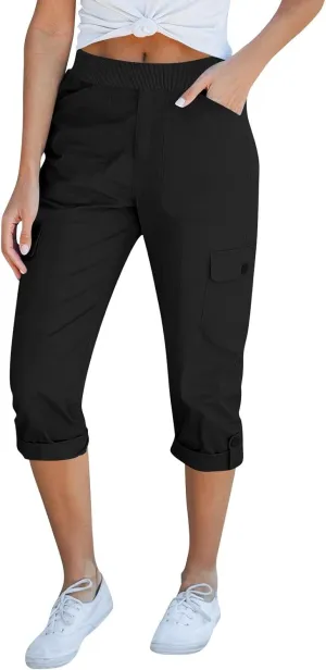 Womens Capri Cargo Pants Summer Fashion Stretch Waist Casual Pant Solid Color Comfortable Pants with Pockets 2025