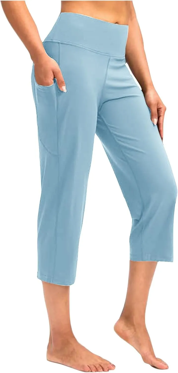 Womens Capri Yoga Pants Tummy Control Athletic Workout Pant Comfortable Stretch Solid High Waist Pants with Pockets