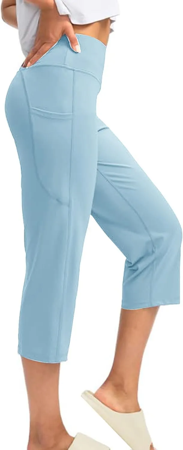 Womens Capri Yoga Pants Tummy Control Athletic Workout Pant Comfortable Stretch Solid High Waist Pants with Pockets