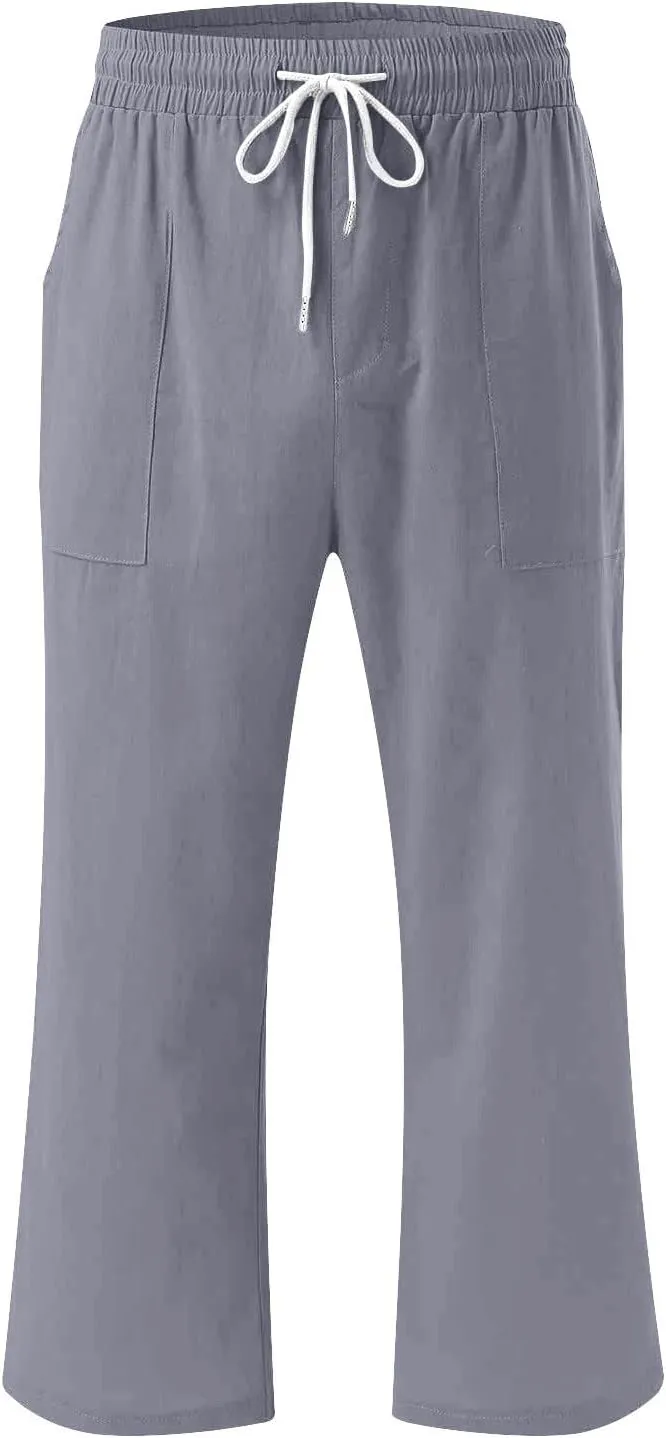 Womens Casual Capri Trousers Linen Drawstring Pocket Elastic Waisted Pants Loose Wide Leg Straight Leg Cycling Trousers