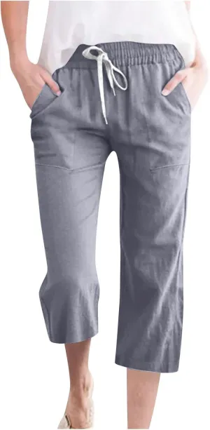 Womens Casual Capri Trousers Linen Drawstring Pocket Elastic Waisted Pants Loose Wide Leg Straight Leg Cycling Trousers