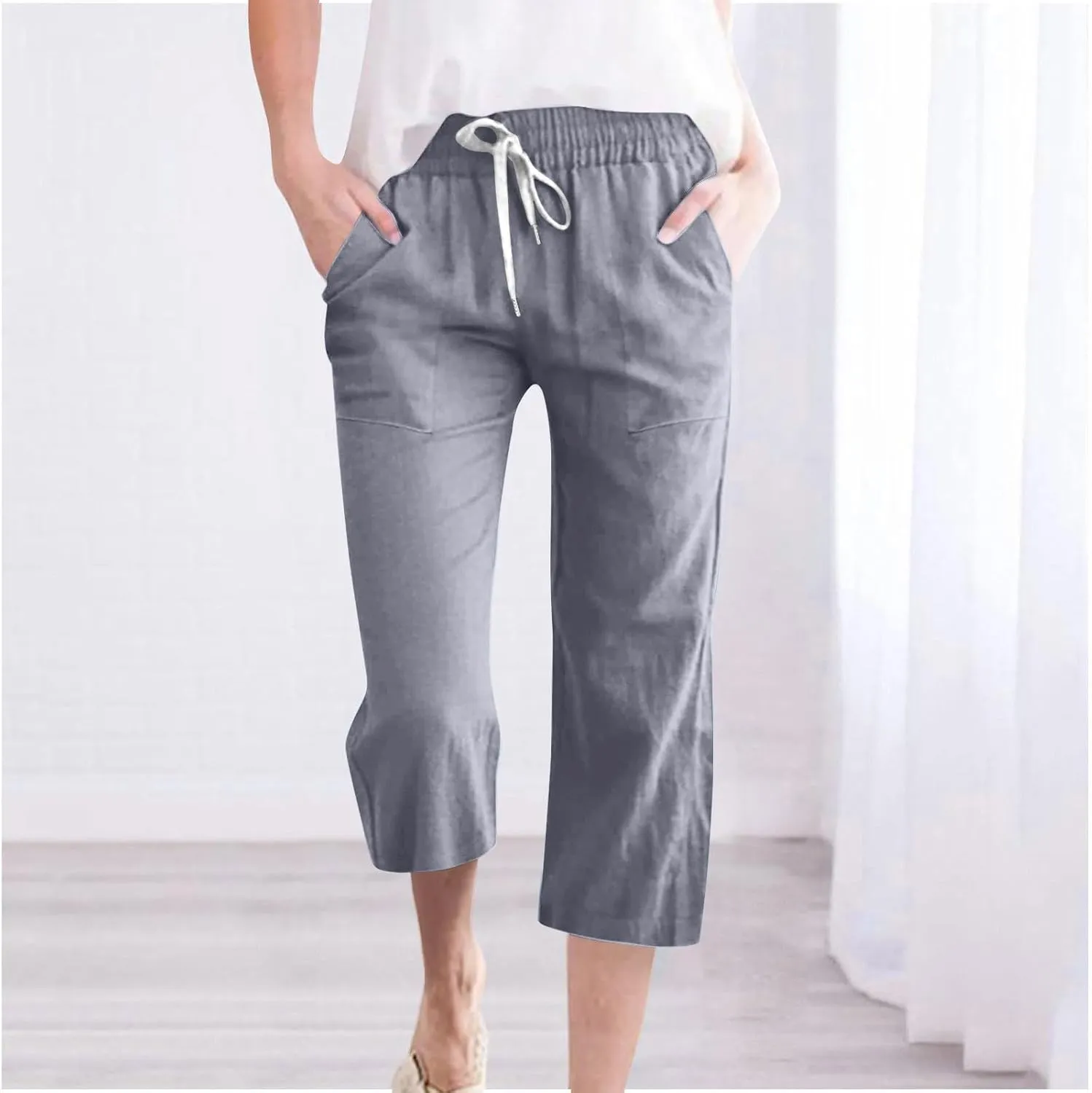 Womens Casual Capri Trousers Linen Drawstring Pocket Elastic Waisted Pants Loose Wide Leg Straight Leg Cycling Trousers