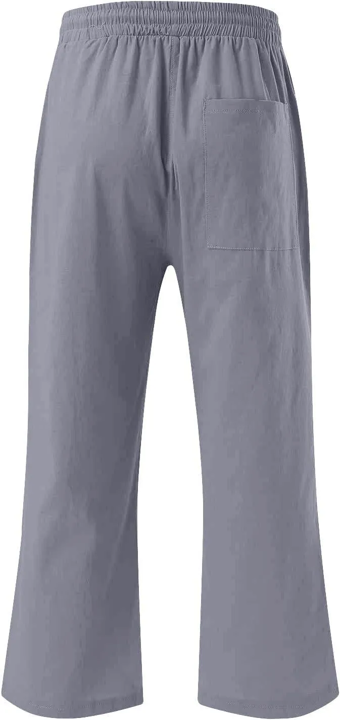Womens Casual Capri Trousers Linen Drawstring Pocket Elastic Waisted Pants Loose Wide Leg Straight Leg Cycling Trousers