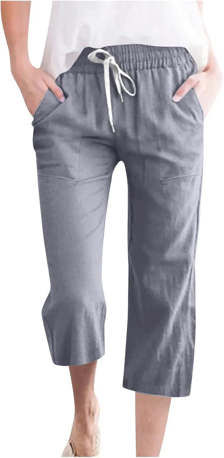 Womens Casual Capri Trousers Linen Drawstring Pocket Elastic Waisted Pants Loose Wide Leg Straight Leg Cycling Trousers