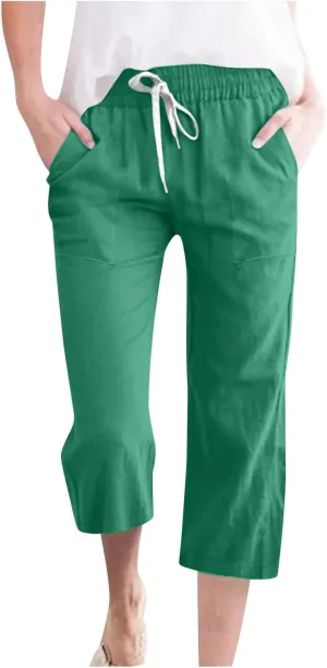 Womens Casual Capri Trousers Linen Drawstring Pocket Elastic Waisted Pants Loose Wide Leg Straight Leg Cycling Trousers