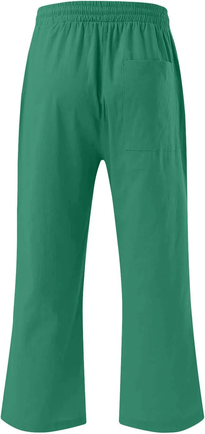 Womens Casual Capri Trousers Linen Drawstring Pocket Elastic Waisted Pants Loose Wide Leg Straight Leg Cycling Trousers