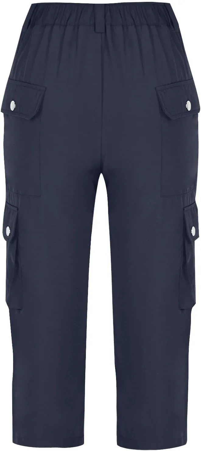 Womens Casual Cargo Capri Trousers Solid Elastic Waisted Pants with Pocket Gym Running Loose Straight Wide Leg Trousers