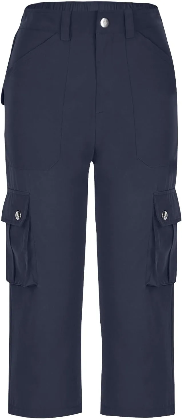 Womens Casual Cargo Capri Trousers Solid Elastic Waisted Pants with Pocket Gym Running Loose Straight Wide Leg Trousers