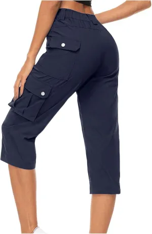 Womens Casual Cargo Capri Trousers Solid Elastic Waisted Pants with Pocket Gym Running Loose Straight Wide Leg Trousers