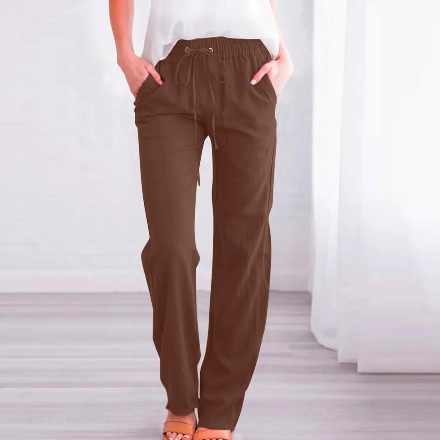 Womens Casual Cotton Linen Pants Plus Size Drawstring High Waist Pants Loose Fit Summer Pants Trousers with Pockets