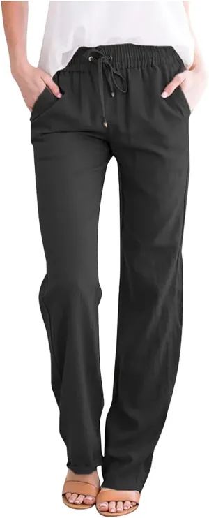 Womens Casual Cotton Linen Pants Plus Size Drawstring High Waist Pants Loose Fit Summer Pants Trousers with Pockets