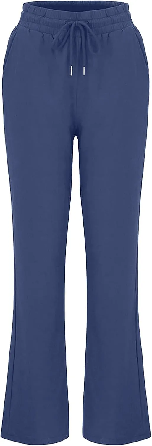 Womens Casual Cotton Linen Pants Plus Size Drawstring High Waist Pants Loose Fit Summer Pants Trousers with Pockets