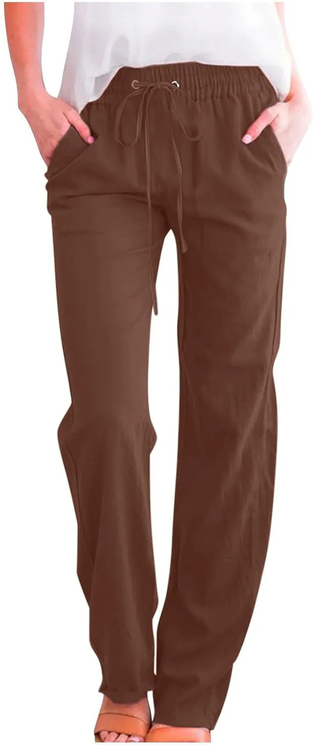 Womens Casual Cotton Linen Pants Plus Size Drawstring High Waist Pants Loose Fit Summer Pants Trousers with Pockets