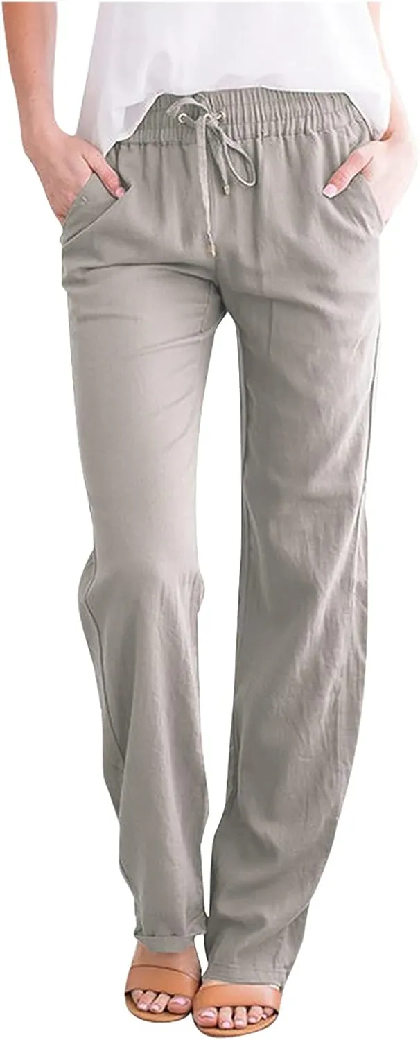 Womens Casual Cotton Linen Pants Plus Size Drawstring High Waist Pants Loose Fit Summer Pants Trousers with Pockets
