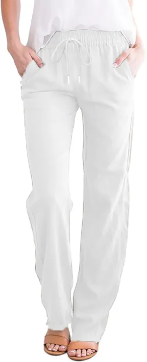 Womens Casual Cotton Linen Pants Plus Size Drawstring High Waist Pants Loose Fit Summer Pants Trousers with Pockets