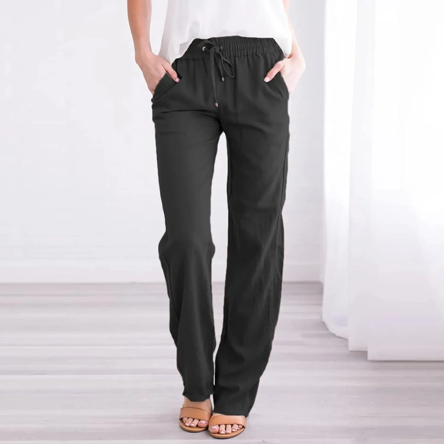 Womens Casual Cotton Linen Pants Plus Size Drawstring High Waist Pants Loose Fit Summer Pants Trousers with Pockets