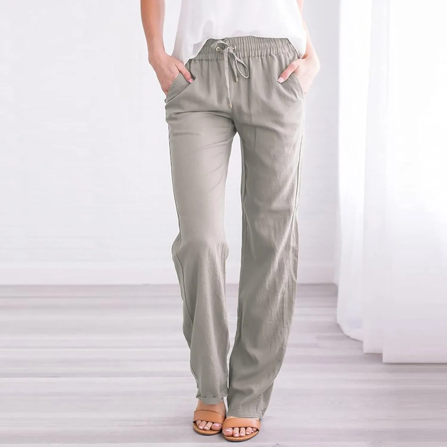 Womens Casual Cotton Linen Pants Plus Size Drawstring High Waist Pants Loose Fit Summer Pants Trousers with Pockets