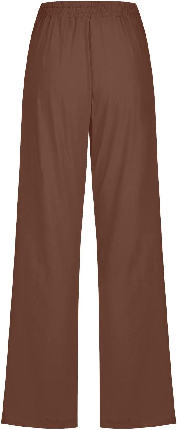 Womens Casual Cotton Linen Pants Plus Size Drawstring High Waist Pants Loose Fit Summer Pants Trousers with Pockets