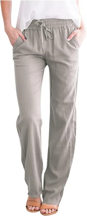 Womens Casual Cotton Linen Pants Plus Size Drawstring High Waist Pants Loose Fit Summer Pants Trousers with Pockets