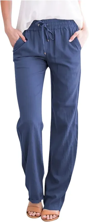 Womens Casual Cotton Linen Pants Plus Size Drawstring High Waist Pants Loose Fit Summer Pants Trousers with Pockets