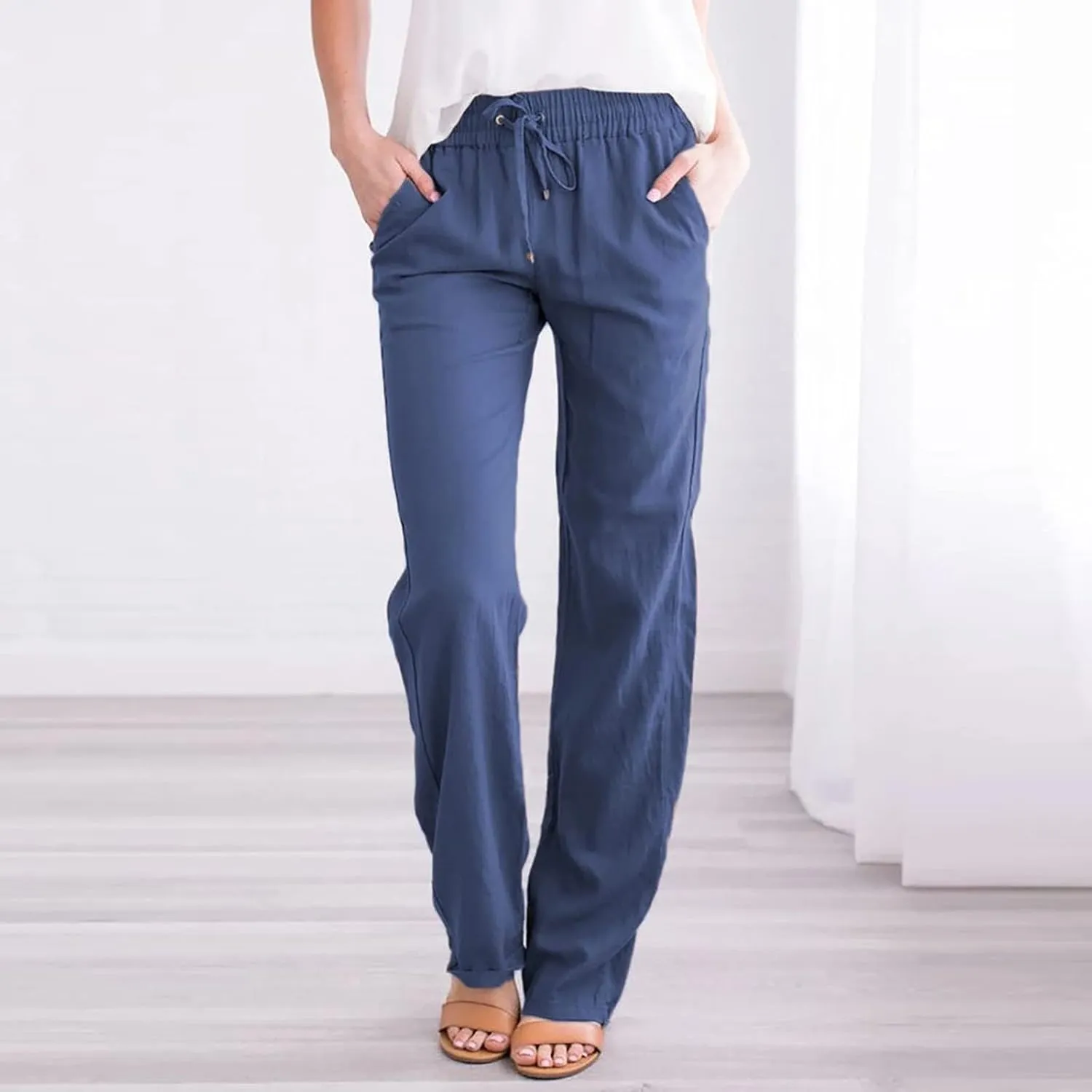 Womens Casual Cotton Linen Pants Plus Size Drawstring High Waist Pants Loose Fit Summer Pants Trousers with Pockets