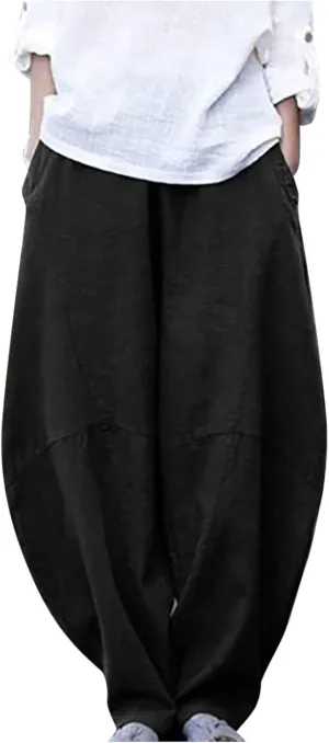 Womens Casual Linen Baggy Pants Elastic Waist Relax Fit Cotton Hippie Gypsy Harem Pant Drop Crotch Yoga Aladdin Pants