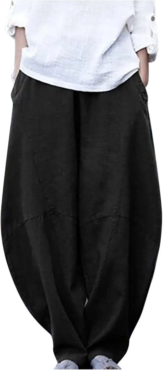 Womens Casual Linen Baggy Pants Elastic Waist Relax Fit Cotton Hippie Gypsy Harem Pant Drop Crotch Yoga Aladdin Pants