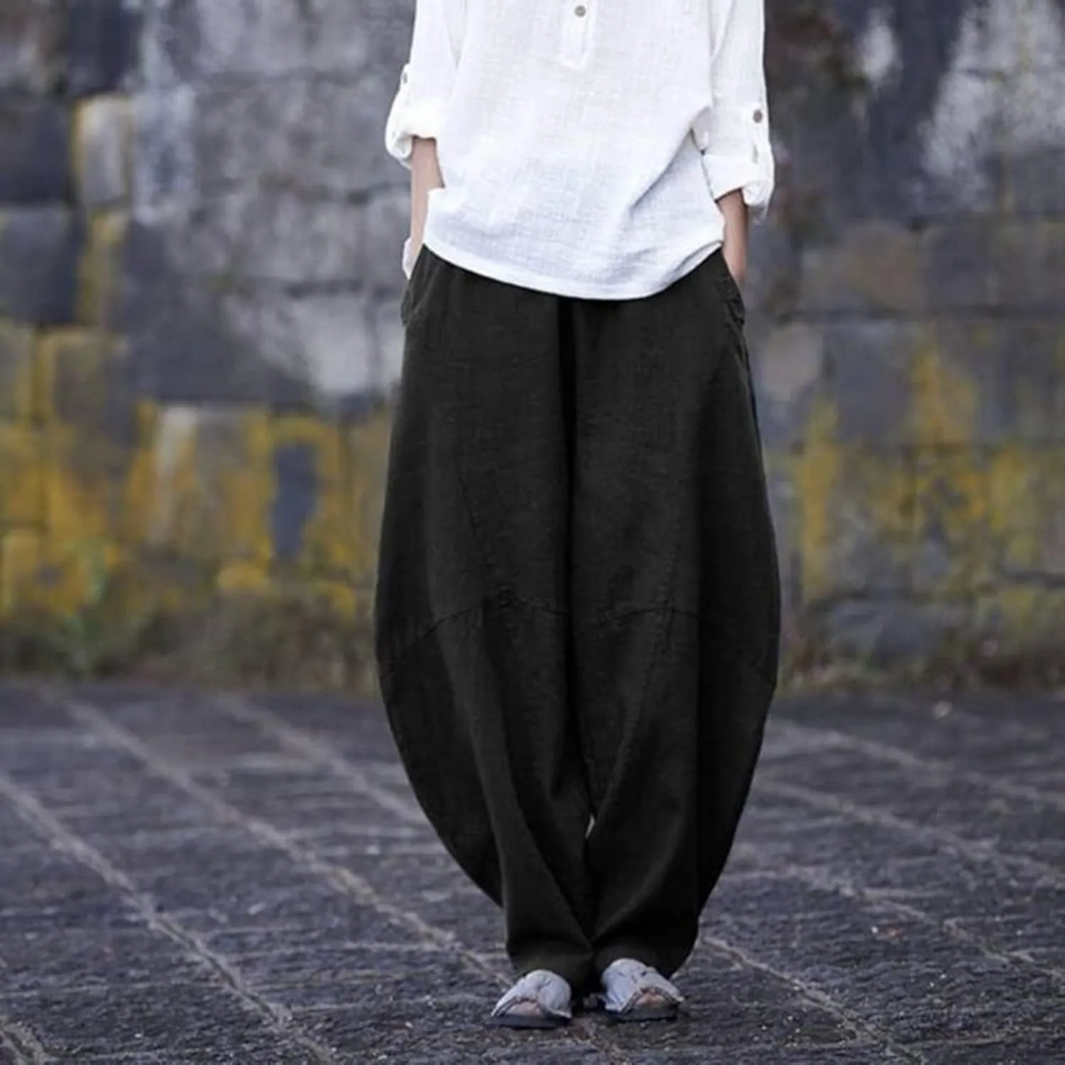 Womens Casual Linen Baggy Pants Elastic Waist Relax Fit Cotton Hippie Gypsy Harem Pant Drop Crotch Yoga Aladdin Pants