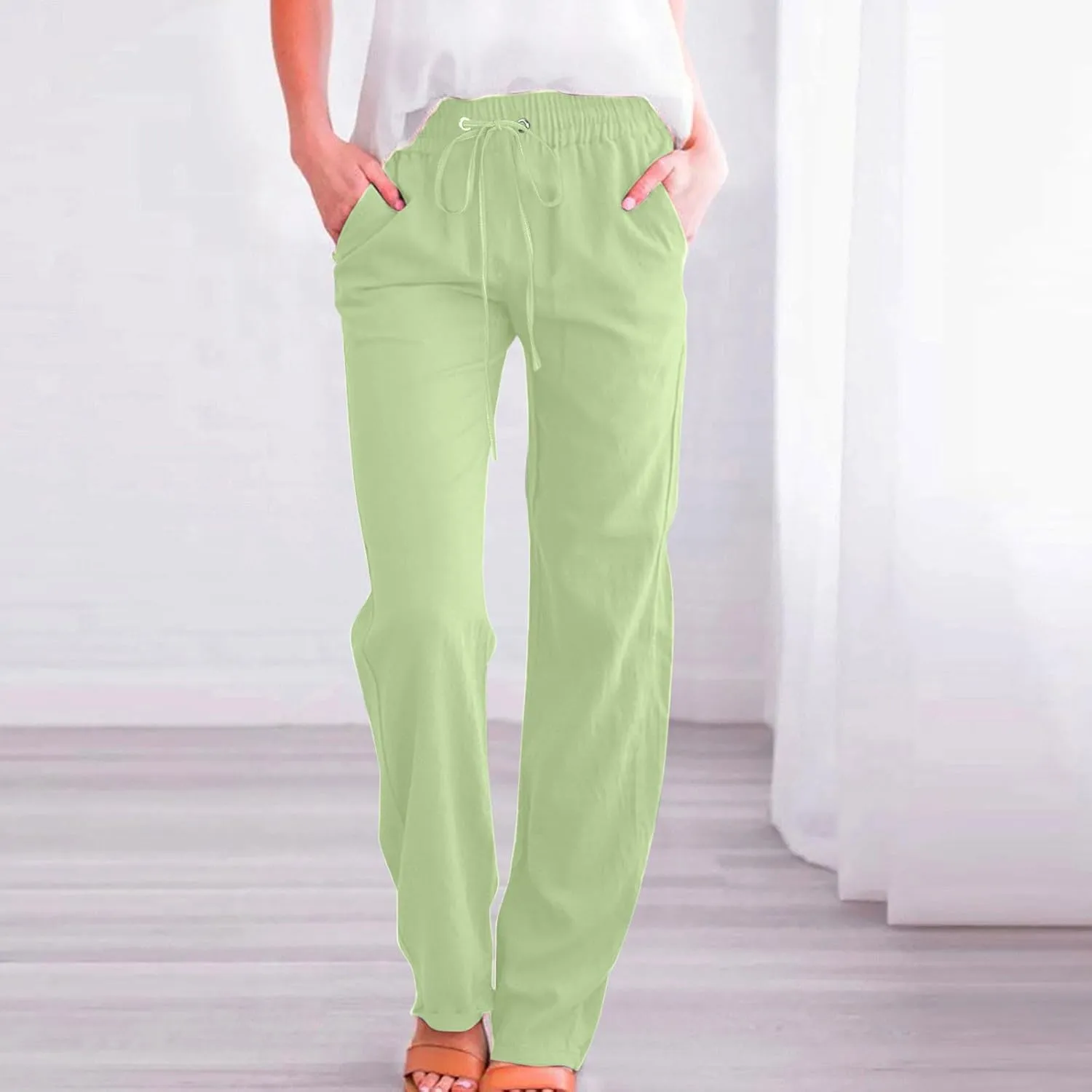 Women's Casual Trousers Solid Drawstring Linen Pants Loose Wide Leg Straight Leg Trousers Slim Fit Pants with Pocket
