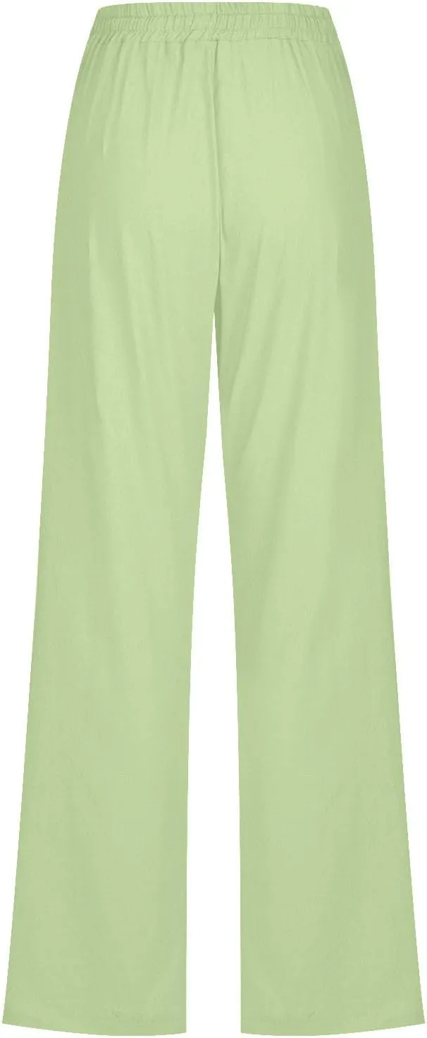 Women's Casual Trousers Solid Drawstring Linen Pants Loose Wide Leg Straight Leg Trousers Slim Fit Pants with Pocket