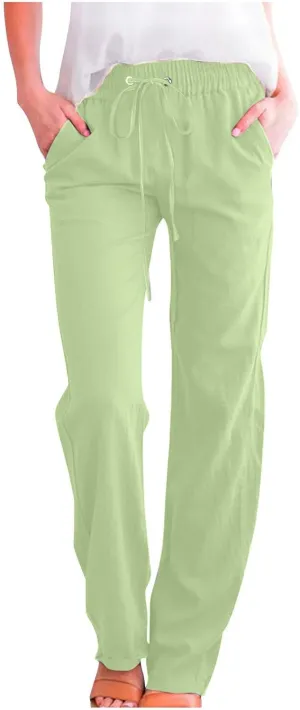 Women's Casual Trousers Solid Drawstring Linen Pants Loose Wide Leg Straight Leg Trousers Slim Fit Pants with Pocket