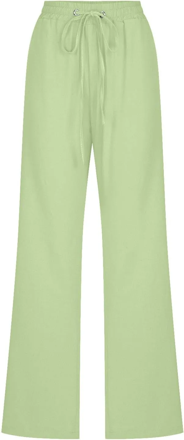 Women's Casual Trousers Solid Drawstring Linen Pants Loose Wide Leg Straight Leg Trousers Slim Fit Pants with Pocket