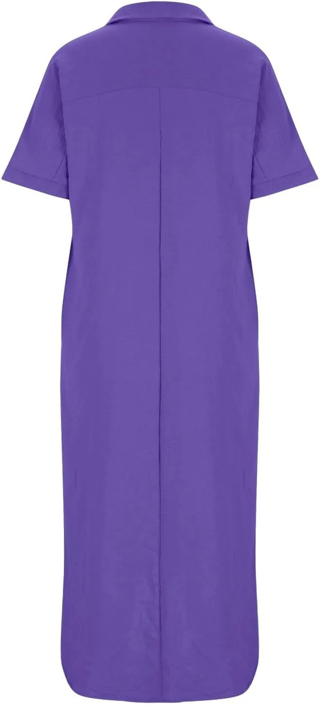 Women's Cotton Linen Maxi Dress Short Sleeve V Neck Causal Loose Dresses Summer Plus Size Solid Color Sundresses 2025