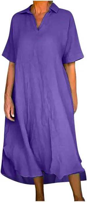 Women's Cotton Linen Maxi Dress Short Sleeve V Neck Causal Loose Dresses Summer Plus Size Solid Color Sundresses 2025